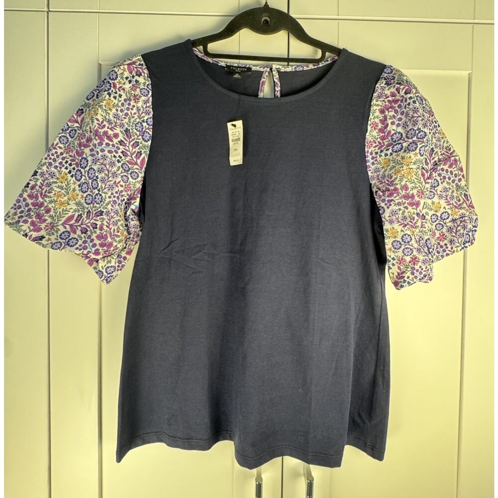 Talbots Puff Sleeve Floral Knit Blouse Navy Button PM Petites